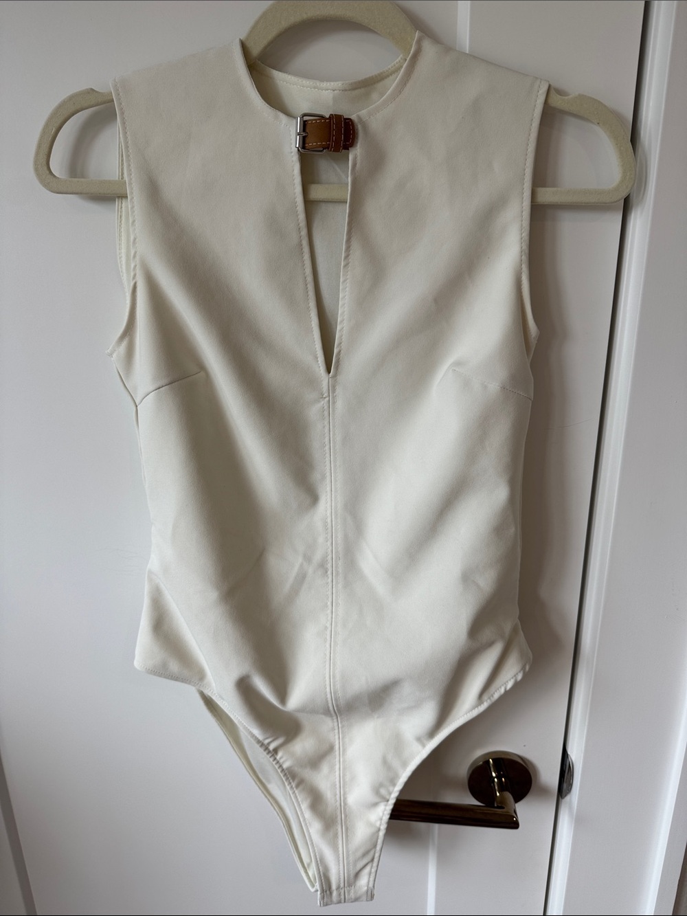 Zara Cream Buckle-Front Sleeveless V-Neck Bodysuit